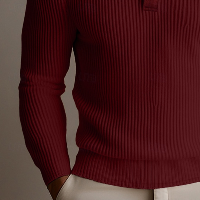 Men's Rib Knit Top Muscle Shirt Formal Work Ribbed Polo Collar Long Sleeve Warm Basic Solid Color Buttons Spring Fall Slim Fit Dark Brown Wine Rib Knit Top3
