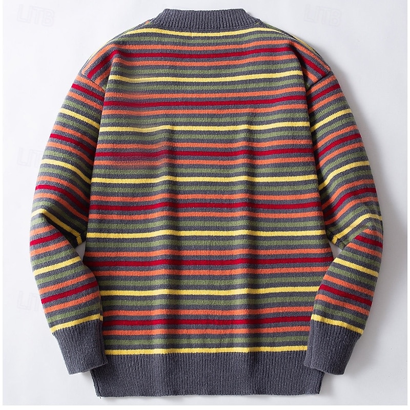 Men's Sweater Pullover Sweater Jumper Striped Sweater Xmas Sweater Ribbed Chunky Knit Classic Rainbow Crew Neck Christmas Knitwear Christmas Home Clothing Apparel Fall Winter Red M L XL3