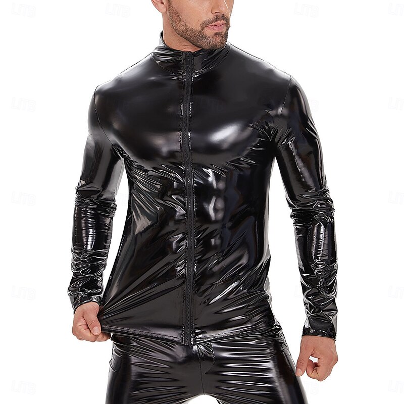 Coat Jacket Skin Suit Carnival Costume Men's Shiny Metallic Zipper Up Costume for Performance Club Pole Dance Halloween Carnival Adults'2