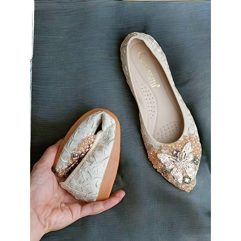 Women's Foldable Embroidered Ballet Flats with Beaded Butterfly Design - Comfortable and Stylish Wedding Shoes