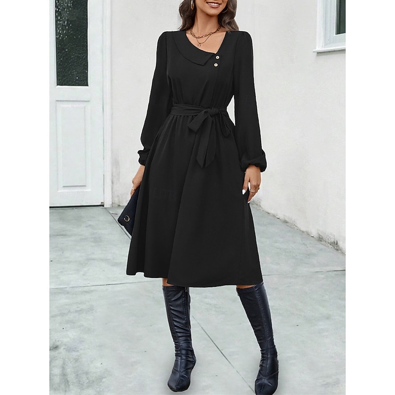 Women's Midi Dress Black Dress Casual Dress Cocktail Dress Formal Dress Casual Sports & Outdoor Street Regular Fit Plain Long Sleeve V Neck Black Fall Winter3
