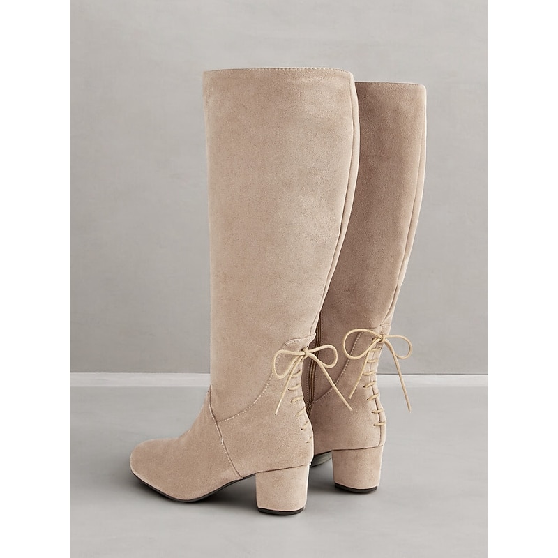 Women's Wide-Calf Beige Suede Knee-High Boots with Block Heels – Comfortable and Stylish Footwear for Casual and Winter Wear3