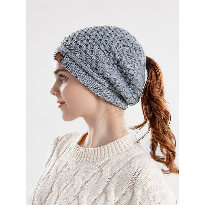 Women's Knitted Ponytail Beanie – Cozy Winter Hat with Hole for Ponytail, Soft and Stretchy Design for Cold Weather