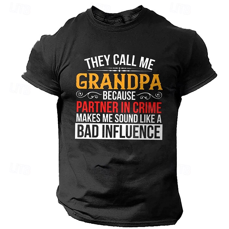 Mens Funny Grandpa Graphic T-Shirt - Partner in Crime Bad Influence Family Humor Short Sleeve Gift
