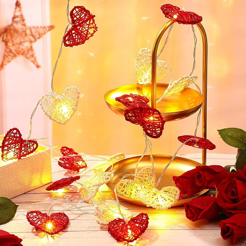 Valentine's Heart String Lights Vintage Rattan Heart Shaped String Lights1.5m 10LED 3m 20LED Fairy Battery Operated Twinkle Light for Valentine's Day Wedding Indoor Outdoor Bedroom Party Decor2