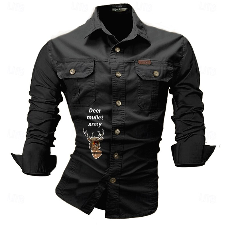 Men's Letter Printed Deer Work Shirt Western Shirt Cargo Shirt Long Sleeve Western Casual Sports & Outdoor Going out Hunting Spring Fall Turndown Print Black White Army Green Red Blue4