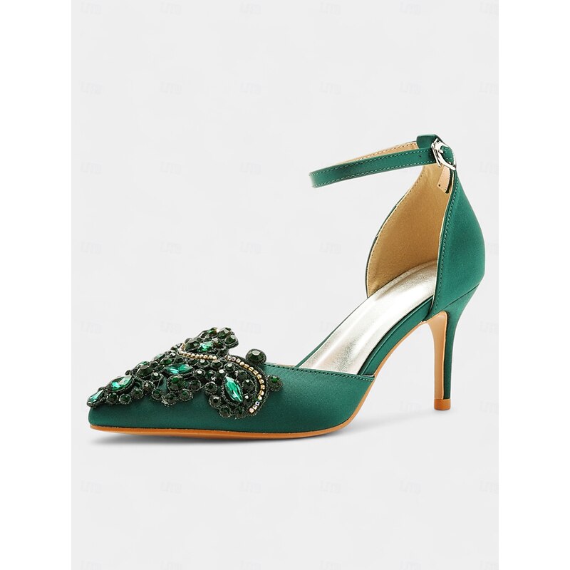 Women's Emerald Green Satin Ankle Strap Heels – Pointed Toe Cocktail Shoes with Crystal Embellishments for Parties and Weddings2