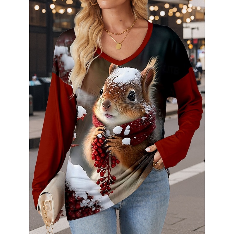 Women's T Shirt  Casual Print Long Sleeve Regular Tops V Neck  Daily Red Spring Fall
