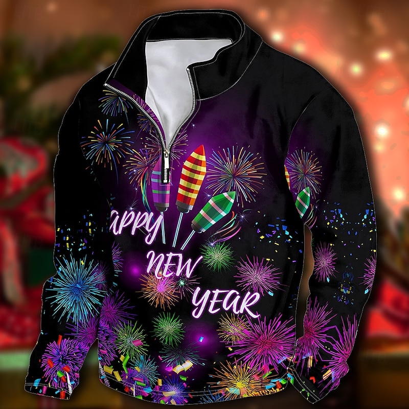 New Year Men's Graphic Happy New Year Hoodies Daily Casual Long Sleeve Stand Collar Vacation Going out Streetwear Black Print Spring &  Fall Designer