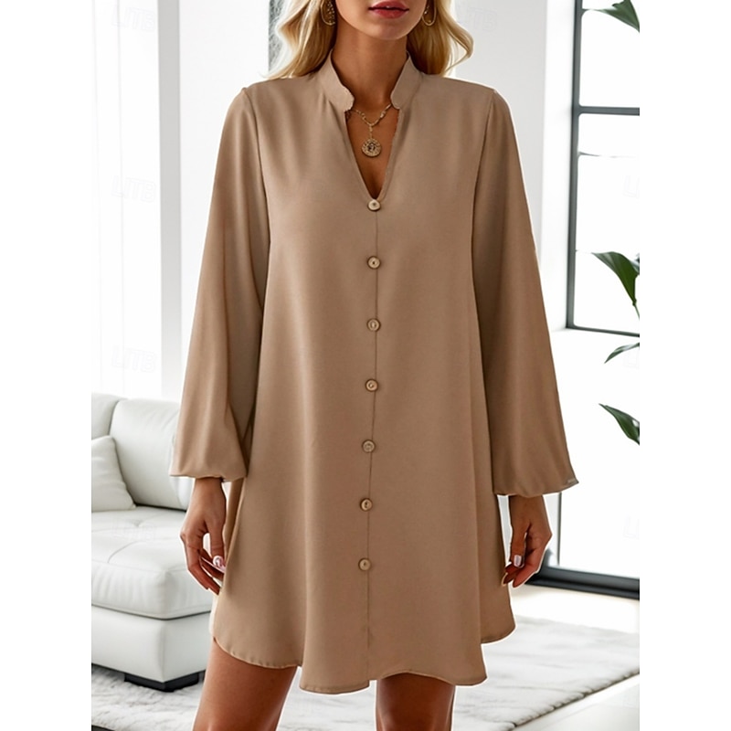 Women's Casual Dress Mini Dress Buttons Casual V Neck Long Sleeve Green Khaki Color4