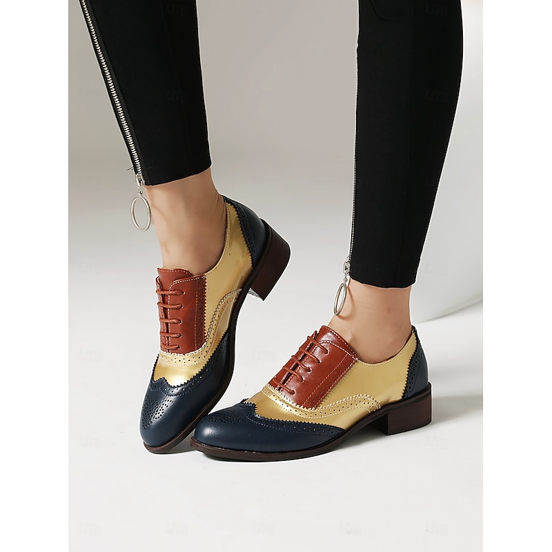 Women's Tri-Color Brogue Oxford Shoes with Wingtip Design and Low Heel - Vintage Formal Footwear for Office and Special Occasions2
