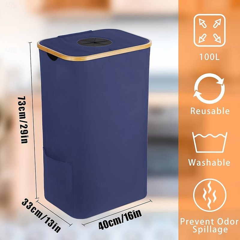 Eco-Friendly Storage and Recycling Bin with Inner Liner, Foldable Space-Saving Design, Durable Metal Frame, Elegant Bamboo Trim, Multipurpose Organizer for Bottles, Laundry Basket, Trash Can, Suitable for Kitchen, Bedroom, Living Room, Dorm, and Hotel Use3