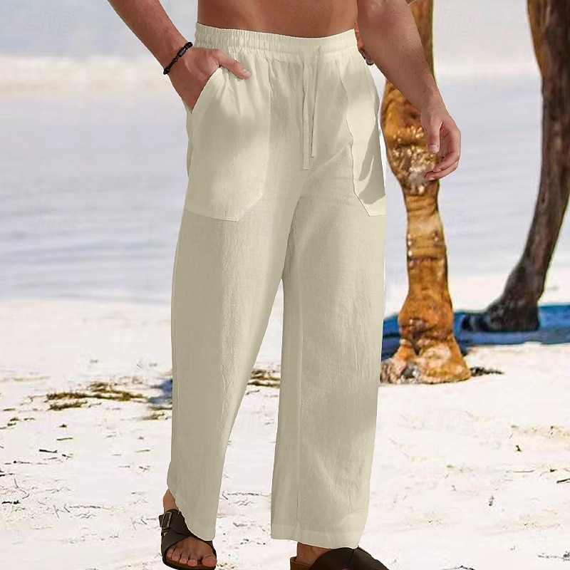 Men's Linen Pants Trousers Summer Pants Baggy Pants Beach Pants Drawstring Elastic Waist Straight Leg Plain Comfort Breathable Full Length Outdoor Daily Holiday Vacation Fashion Black White