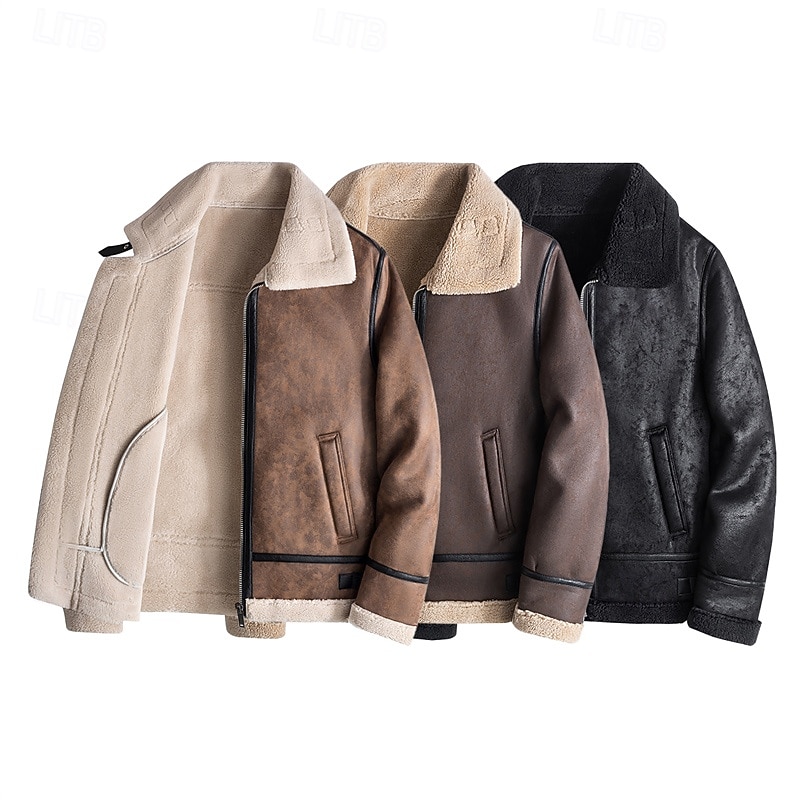 Men's Faux Leather Jacket Fleece Jacket Biker Jacket Motorcycle Jacket Daily Vacation Windproof Warm Pocket Fall & Winter Plain Fashion Classic Lapel Regular Black Khaki Coffee Jacket