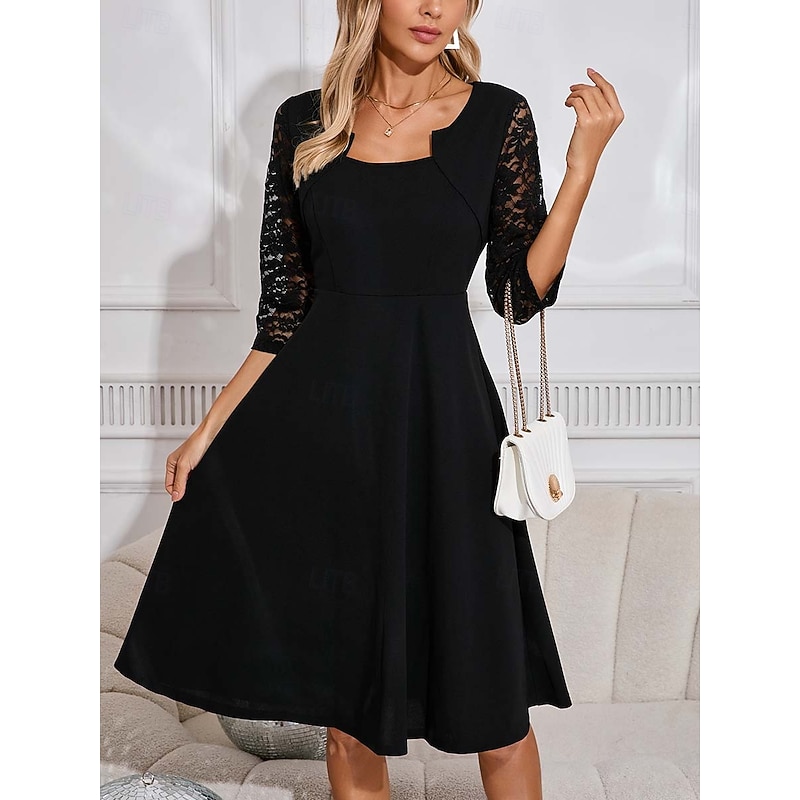 Women's Midi Dress Black Dress Cocktail Dress Formal Dress Elegant Bishop Sleeve Work Regular Fit Plain Long Sleeve Square Neck Black Fall Winter