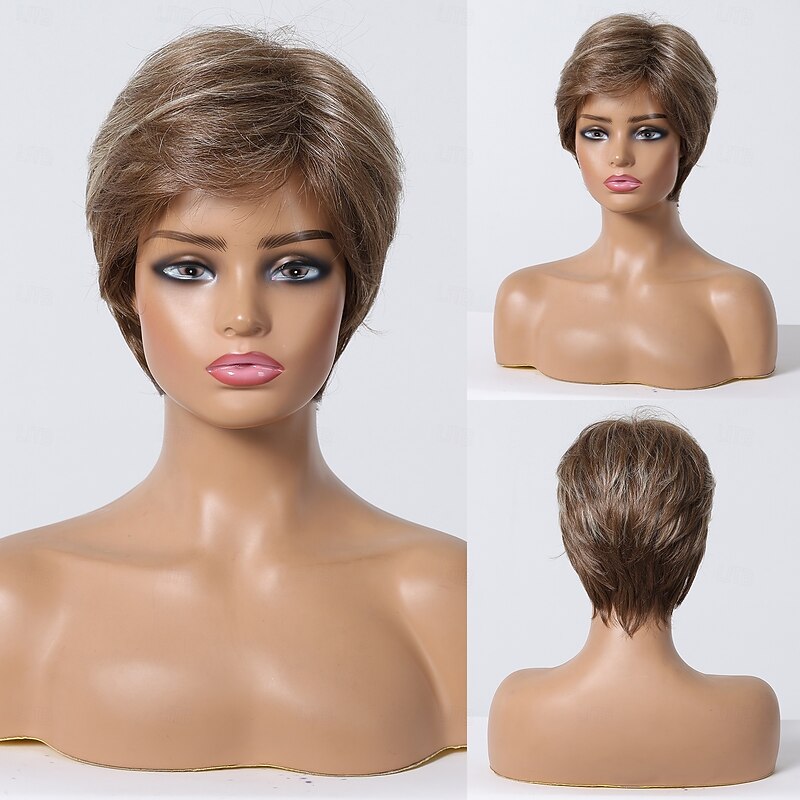 Human Hair Blend Wig Short Straight Natural Straight Bob Pixie Cut Side Part Layered Haircut Light Brown Cosplay Curler & straightener Natural Hairline Capless Burmese Hair Women's All Light Brown