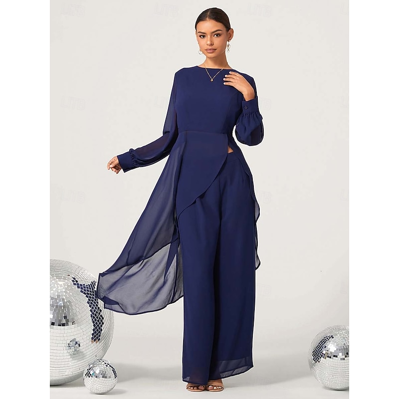 Women's Wedding Guest Jumpsuit Elegant Navy Blue Long Sheer Sleeve Wide Leg Chic Evening Party Wear Round Neckline Spring Summer Fall4