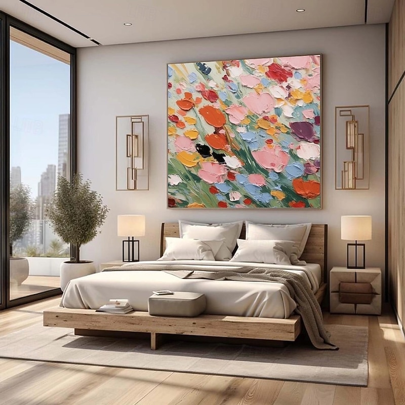 Textured Wall Art 3D Floral Painting handmade Abstract Flower Oil Painting on Canvas Large Wall Art  Minimalist Pink Floral Art hand painted Custom Painting Boho Wall Decor Living Room3