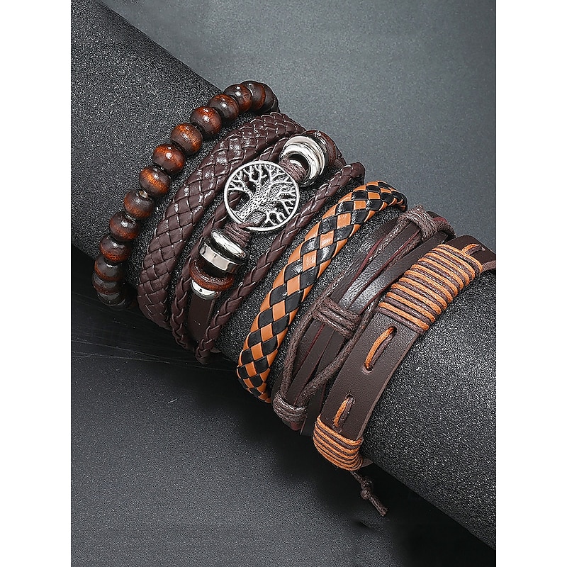 Men's Leather Bracelet Set – Vintage Multilayer Braided Cuff with Beads and Tree of Life Charm for Casual and Bohemian Styles3