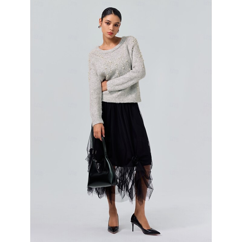 Women's Gray Pearl Beaded Crew Neck Long Sleeve Knit Pullover Sweater Jumper Casual Daily Fall Winter4