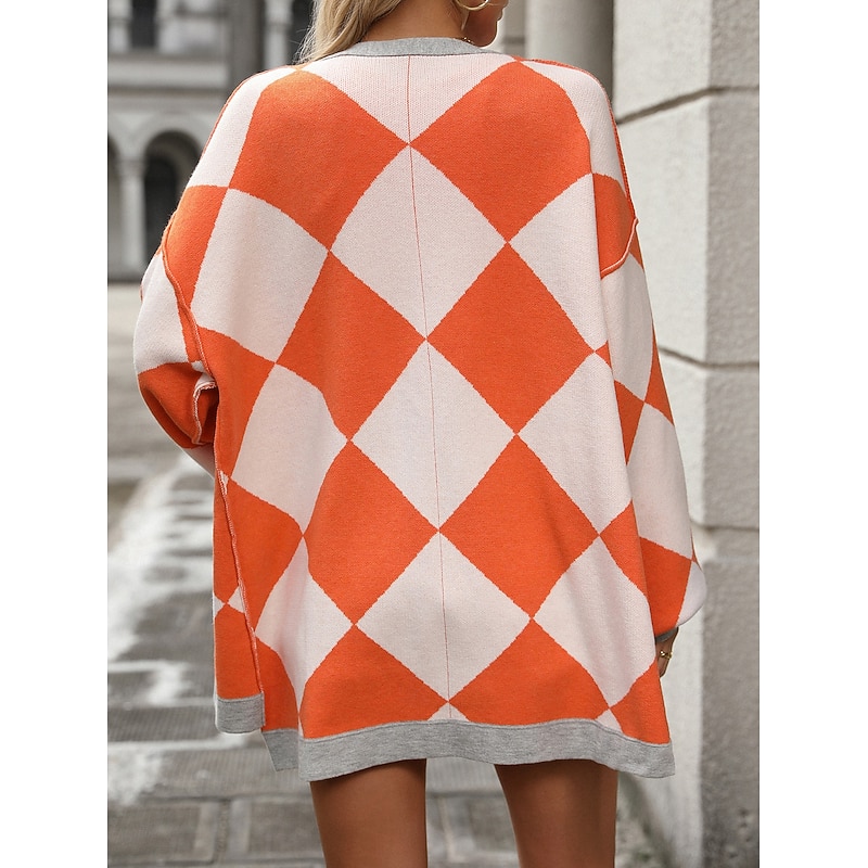 Women's Oversized Cardigan Open Front Knit Fall Winter Going out Fashion Streetwear Long Sleeve Geometric Color Block Black Blue3