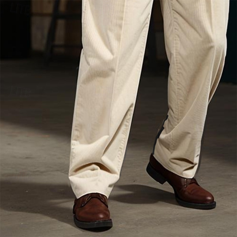 Men's Dress Pants Corduroy Pants Trousers Buttons Straight Leg Plain Comfort Soft Full Length Formal Office Casual Stylish Simple Loose Fit Black White High Waist Micro-elastic3