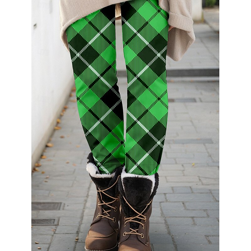 Women's Leggings Fashion Streetwear Ankle-Length High Waist Plaid Printing Thermal Warm Soft Breathable Micro-elastic Outdoor St.Patrick's Day Daily Green Fall Winter Regular Fit