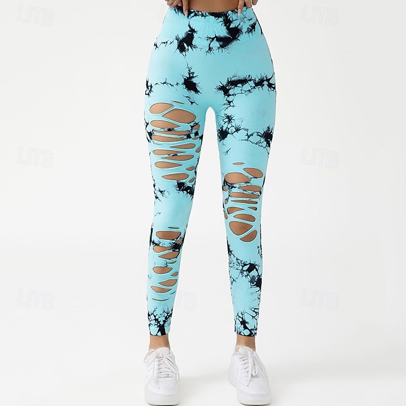 Women's Yoga Pants Yoga Leggings Cut Out High Waist Pilates Gym Workout Workout Tights Tie Dye Blue Sky Blue Purple Fall Sports Activewear Stretchy Slim2