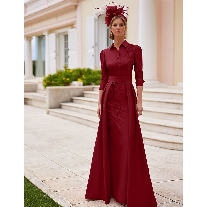 A-Line Mother of the Bride Dress Elegant Vintage V Neck Asymmetrical Satin 3/4 Length Sleeve with Lace Appliques Solid Color2