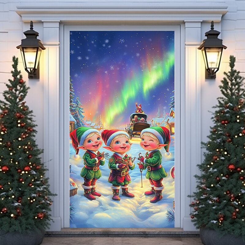 Christmas Door Decorations Door Covers Xmas Joyful Elf Door Tapestry Door Curtain Decoration Backdrop Indoor/Outdoor Door Banner for Front Door Farmhouse Holiday Party Decor Supplies