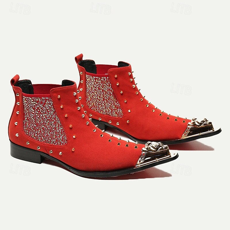 Men's Red Studded Leather Ankle Boots with Metallic Cap Toe and Sparkling Side Panels – Premium Cowhide Statement Footwear for Punk & Fashion-Forward Styles4