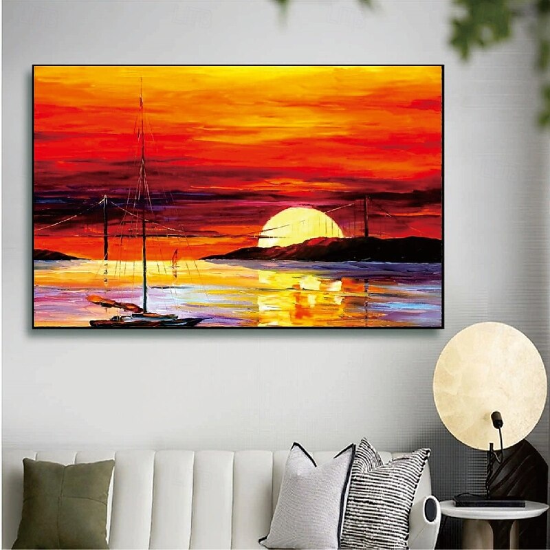 100% Hand painted Sunset  boat Oil Painting Cloud Sea Hanging Painting Sunset Orange Sailing Ship Sea Oil Painting Blue Ocean Waves  Boat Wall Art Seascape Canvas Painting Colorful Sunset painting2