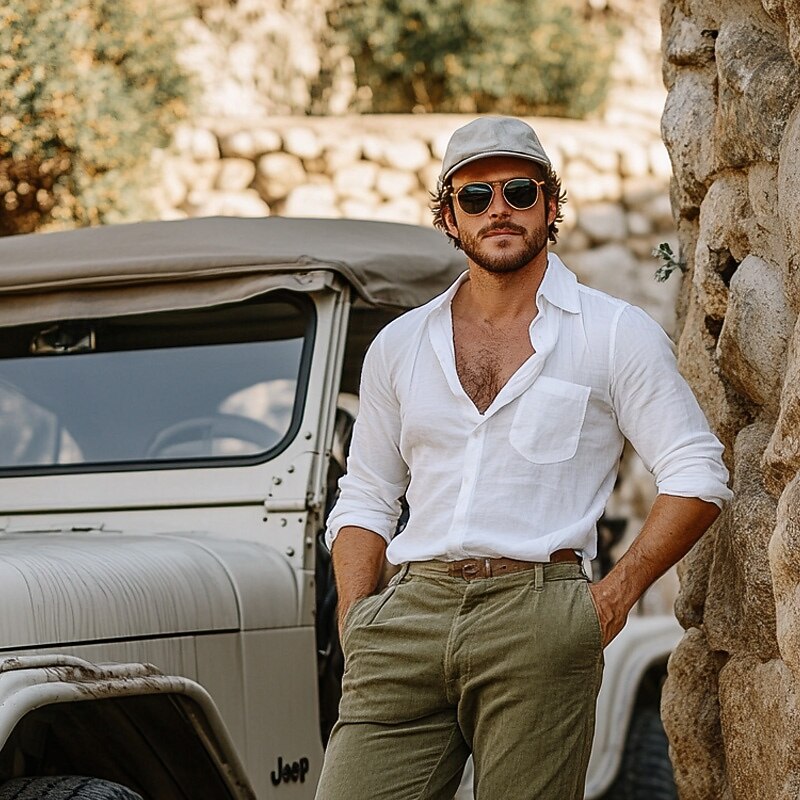 Men's Shirt Linen Shirt Cotton Linen Shirt White Cotton Shirt Summer Shirt Beach Shirt Plain Vacation Hawaiian White Light Green Blue Long Sleeve Lapel Spring &  Fall Clothing Apparel2