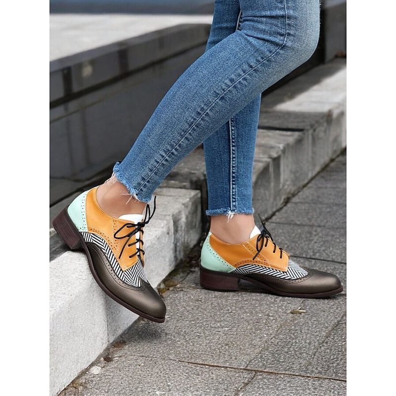 Women's Multicolor Brogue Oxford Shoes with Chevron Pattern and Contrasting Faux Leather Panels – Vintage-Inspired Lace-Up Flats4
