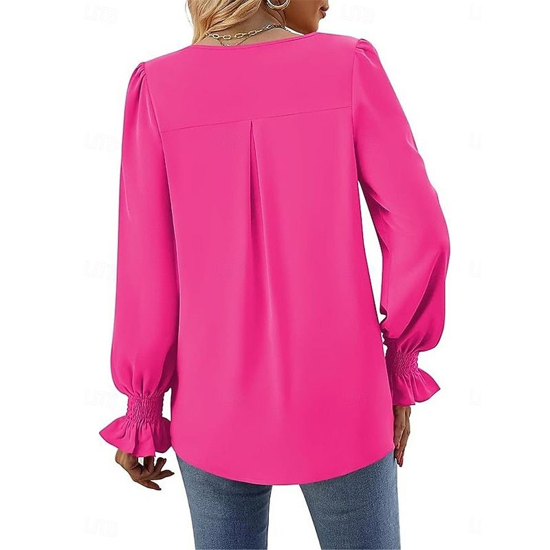 Women's Shirt Blouse Solid Color Basic Casual Long Sleeve V Neck Regular Tops Daily Red Fuchsia Khaki Fall Winter2