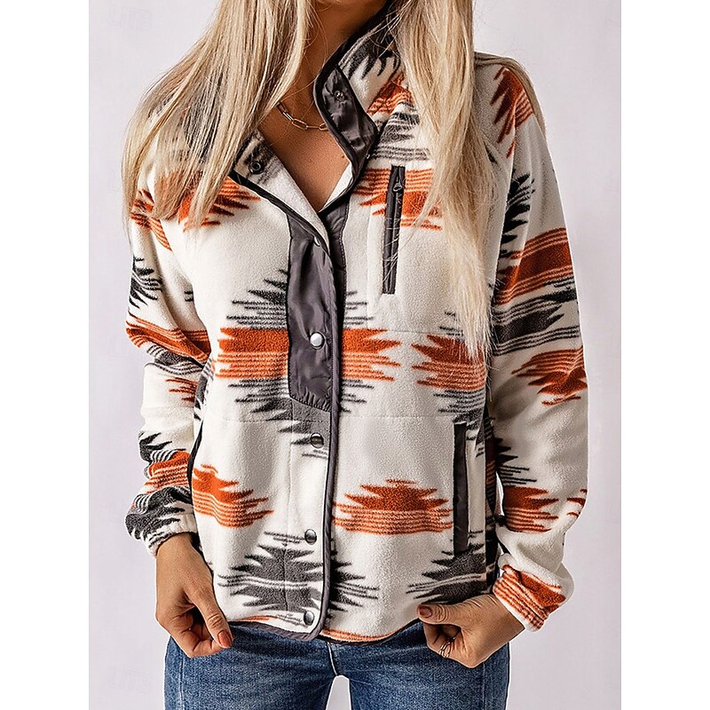 Women's Casual Jacket Outdoor Street Daily Wear Fall Winter Regular Coat Regular Fit Thermal Warm Breathable Ethnic Style Vintage Style Casual Jacket Long Sleeve Geometric with Pockets Print Orange3