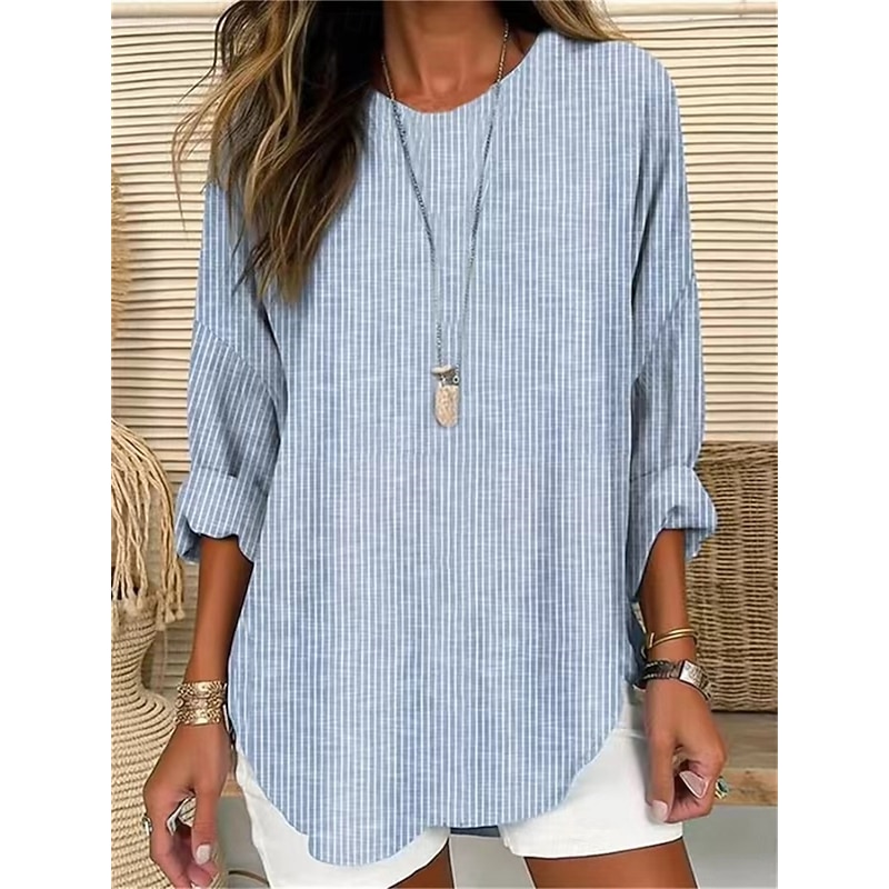 Women's Shirt Cotton Linen Shirts Striped Daily Stylish Modern Long Sleeve Crew Neck Vacation Party Daily Patchwork Blue Gray Spring Fall