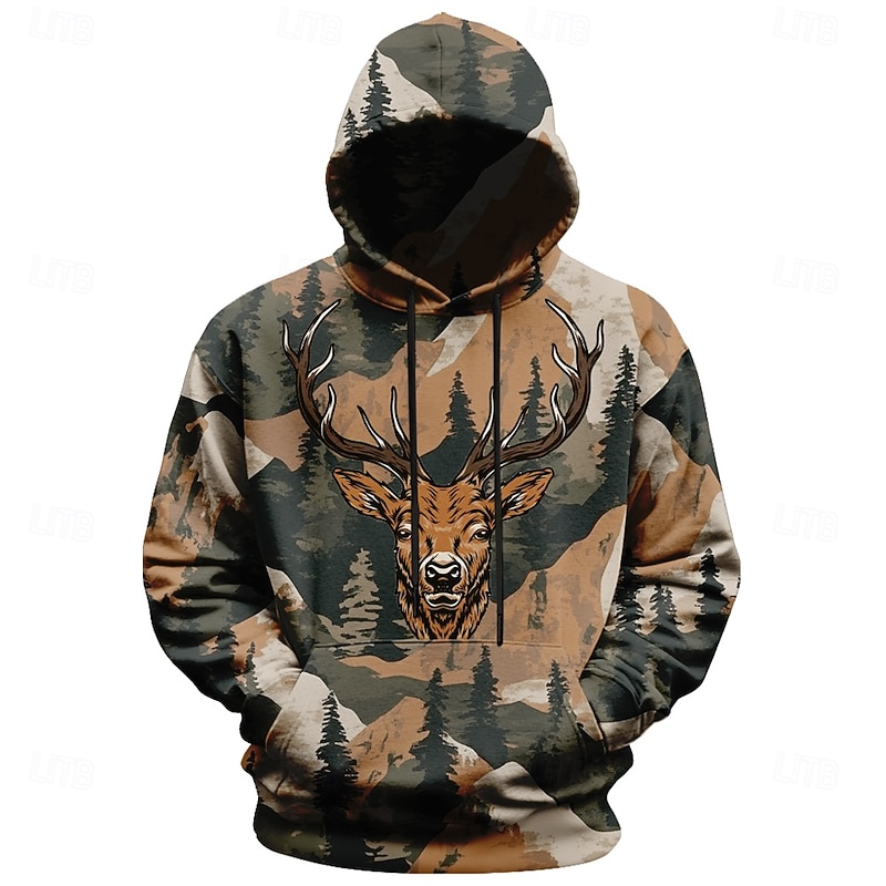 Men's Camo / Camouflage Deer Hoodies Fashion Cool Long Sleeve Crew Neck Holiday Going out Streetwear Army Green Drawstring Fall Winter Designer