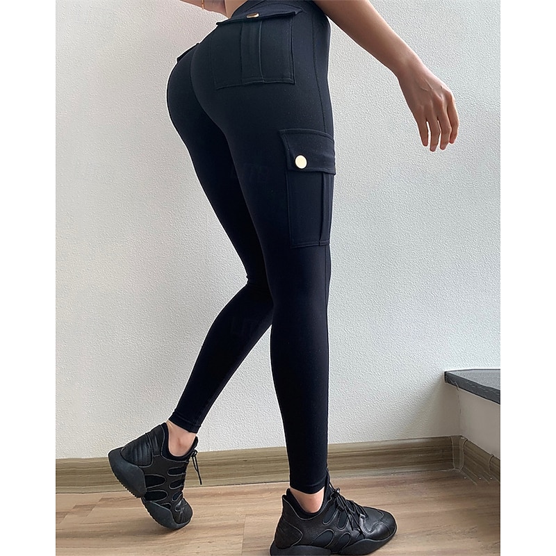 Women's Yoga Pants Yoga Leggings Multiple Pockets High Waist Pilates Gym Workout Workout Tights Solid Color Black Dark Gray Green Fall Sports Activewear Stretchy Slim2