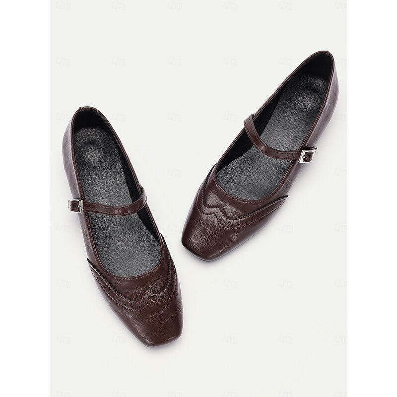 Women's Vintage Brown Mary Jane Flats with Brogue Detailing – Comfortable Faux Leather Shoes for Office, Casual Wear, and Retro Style Outfits