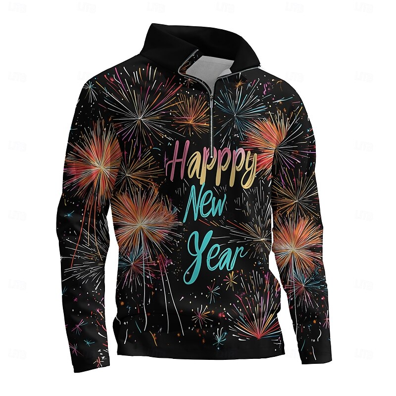 New Year Men's Graphic Happy New Year Hoodies Daily Casual Long Sleeve Stand Collar Vacation Going out Streetwear Black Print Winter Spring &  Fall Designer4