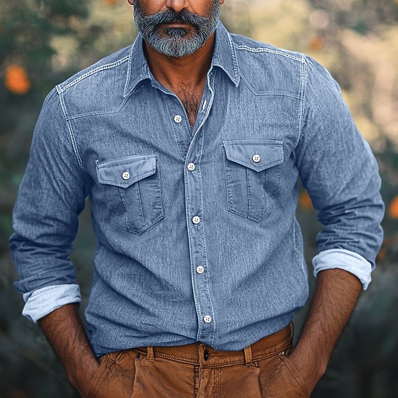 Men's Shirt Chambray Shirt Calico Shirt Casual Shirt Button Up Shirt Denim Shirt Black Navy Blue Blue Light Blue Long Sleeve Plain Collar Vacation Daily Clothing Apparel Fashion Casual2