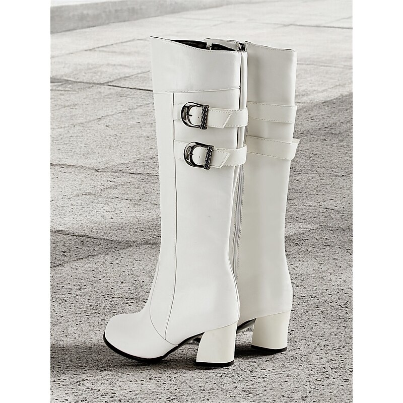 Women's White Knee-High Boots with Double Buckle Detail – Stylish Block Heel Boots for Winter and Casual Outfits4