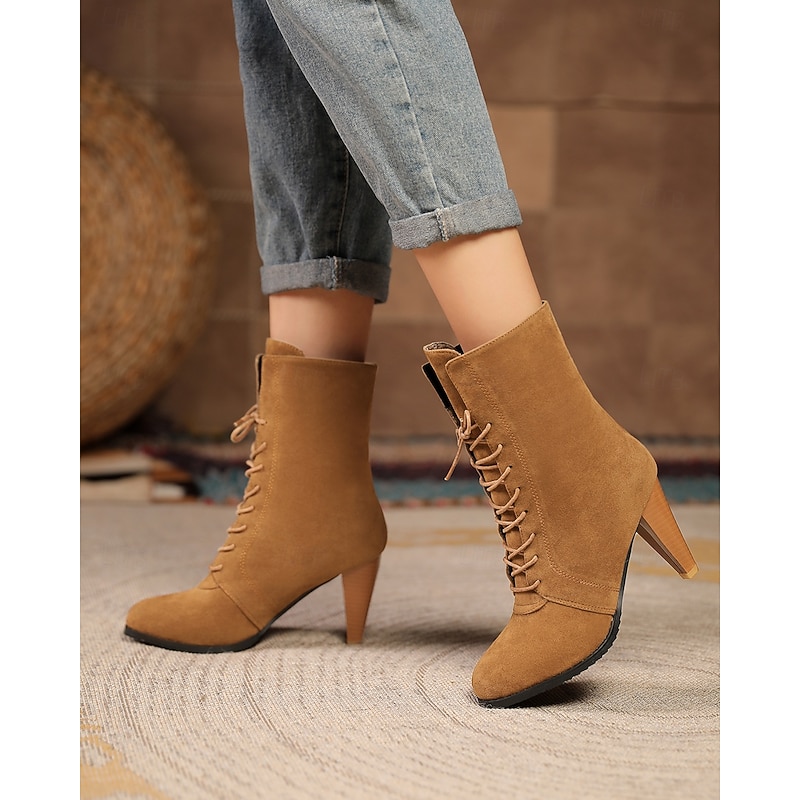 Women's Tan Lace-Up High Heel Ankle Boots with Stiletto Heels – Stylish Vintage-Inspired Footwear for Fall Outfits and Special Occasions4