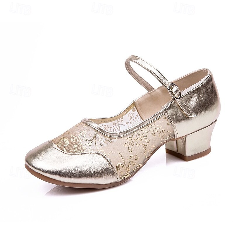 Women's Gold Mesh Ballroom Dance Shoes – Low Block Heel, Embroidered Design, Comfortable Breathable for Latin, Salsa, and Tango3