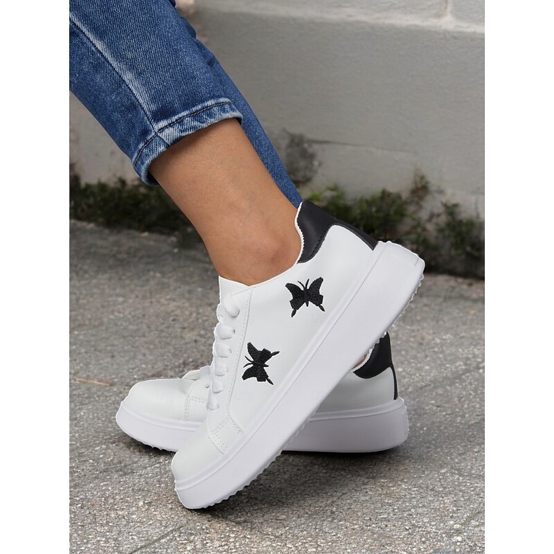 Women's White Platform Sneakers with Butterfly Embroidery | Casual Lace-Up Shoes for Everyday Wear2
