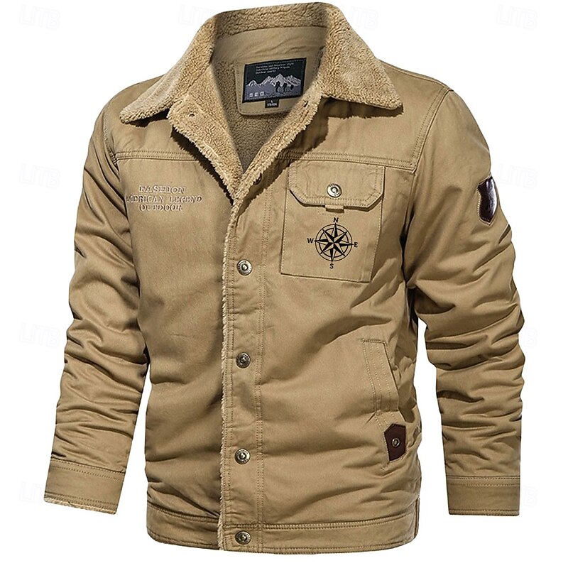 Men's Compass Print Embroidered Fleece Jacket Sherpa Trucker Jacket Work Cargo Jacket Turn-Down Collar Warm Winter Cotton Jacket Vintage Casual Going Out Coat Multi-Pockets2