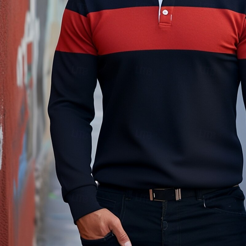 Men's Color Block Stripes Rugby Polo Shirts Long Sleeve Polo Shirts Lapel Classic Fashion 3D Print Modern Business Casual Sports Stripe Fall Winter Navy Blue3