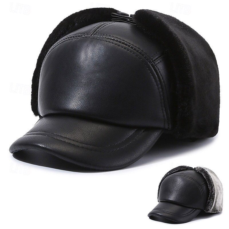 Men's Winter Hats Winter Warm Cap Winter Baseball Cap with Ear Flaps Winter Baseball Cap Black Gray PU Leather Adjustable Fashion Modern Contemporary Daily Wear Festival Solid / Plain Color Outdoor