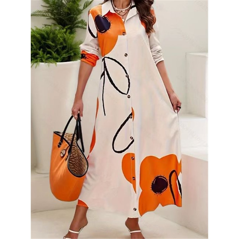 Women's Floral Shirt Collar Maxi Dress Long Sleeve Spring Fall